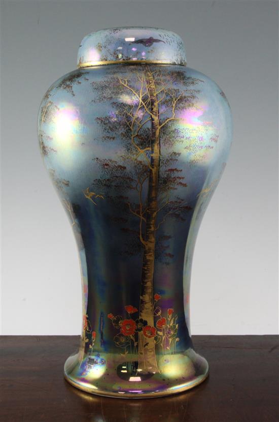 A large Crown Devon Fieldings Lustrine birch pattern meiping vase and cover, 1930s, 37cm